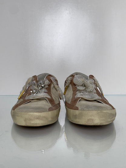 Golden Goose Pink & Tan Suede Pearl Flower Sneakers, 37