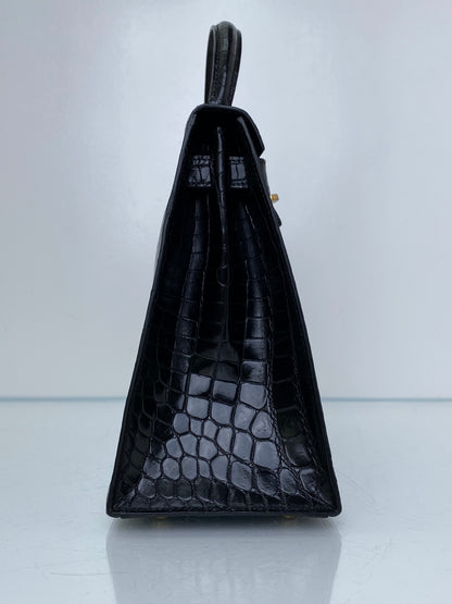 Hermes Vintage Kelly 28 Sellier Noir Alligator GHW #M
