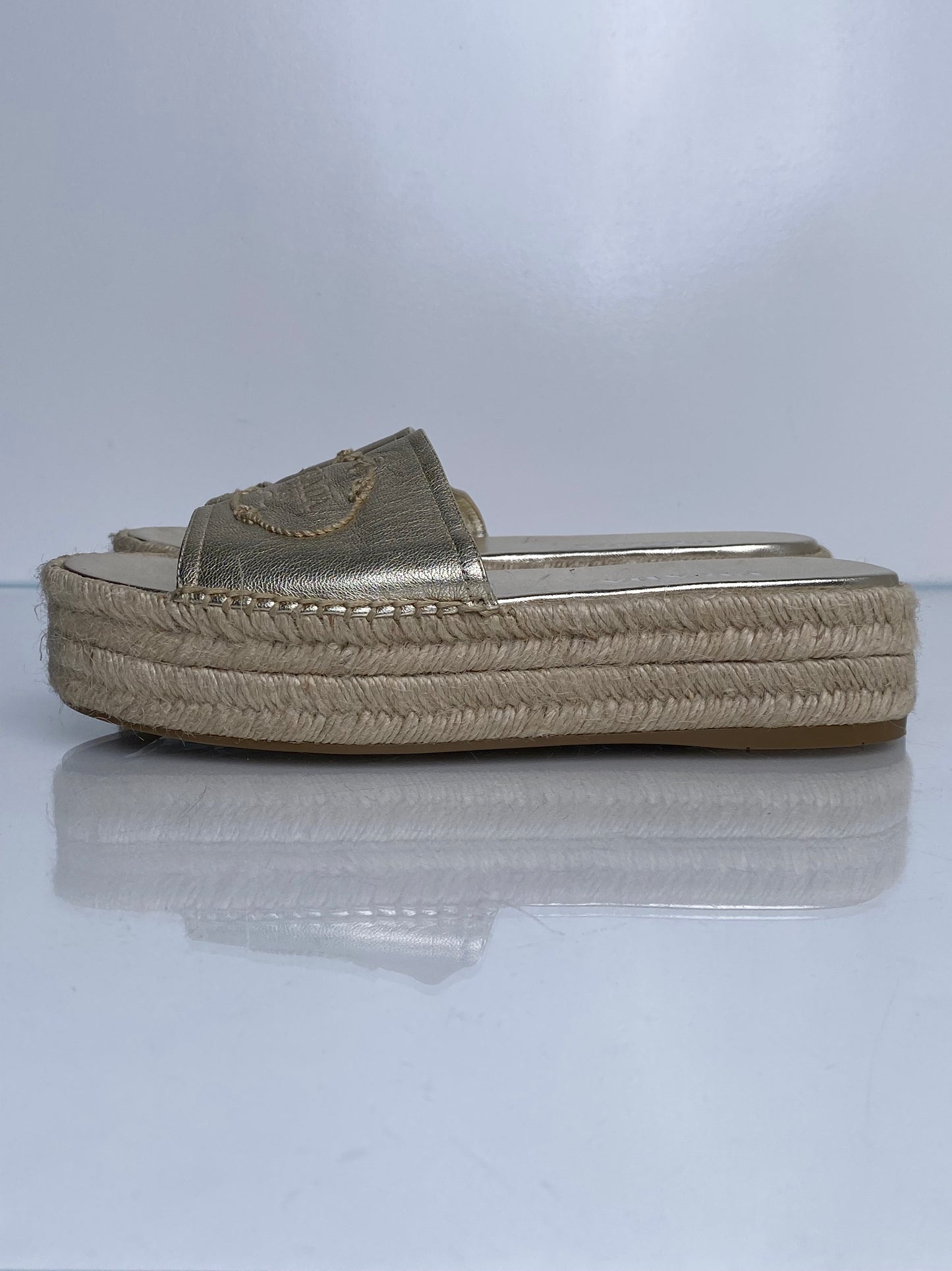 Prada Champagne Platform Espadrilles, 39.5