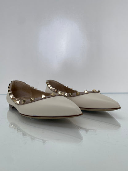 Valentino White & Blush Leather Studded Ballet Flats, 37.5