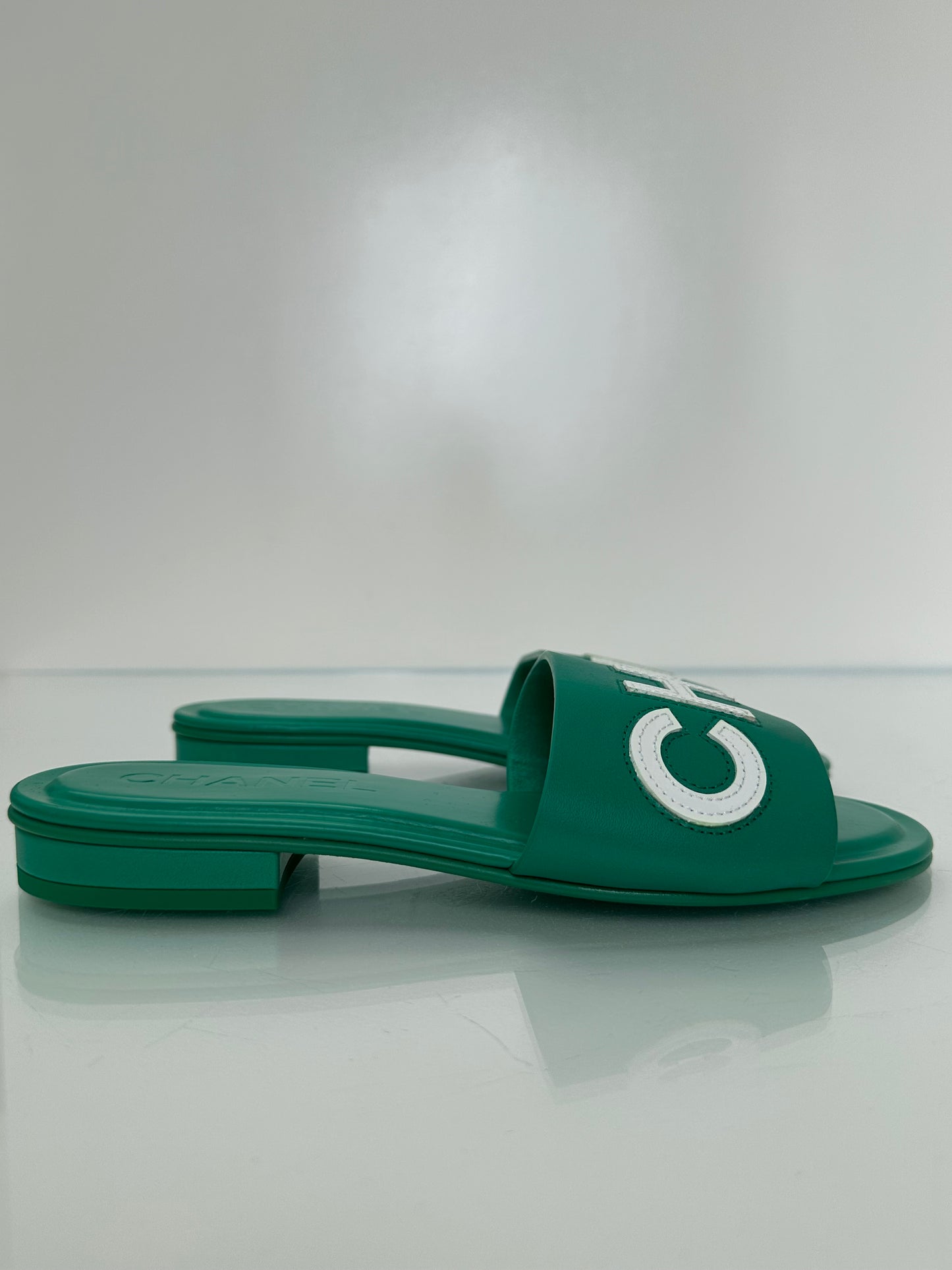 Chanel Emerald Green “CHA-NEL” Sandals, 37