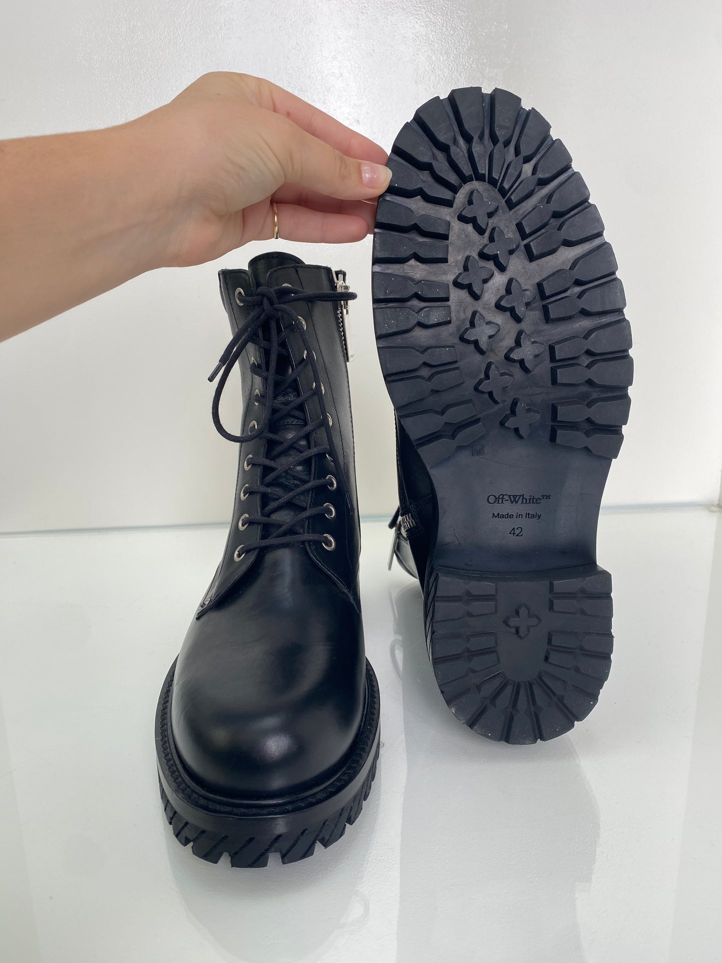 Off White Black Lace Up Combat Boots, 42