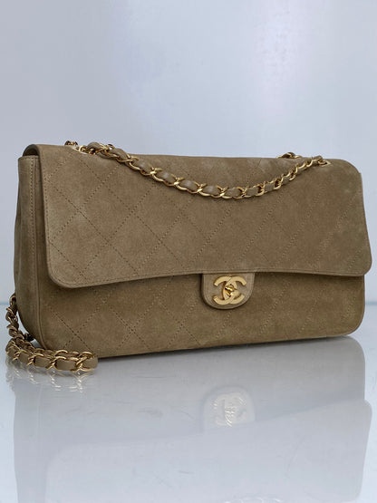 Chanel Tan Quilted Suede Jumbo Classic Flap Bag GHW