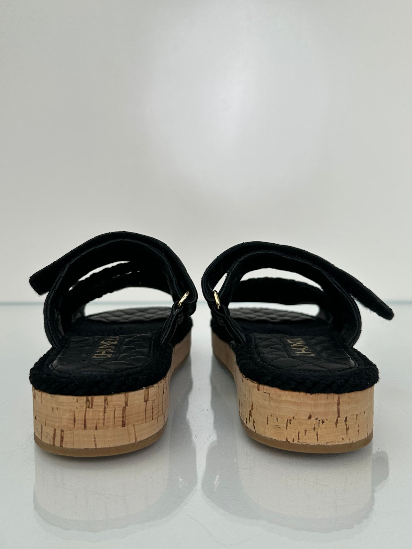 Chanel Black Quilted & Rope “Chanel” Logo Sandals, 39