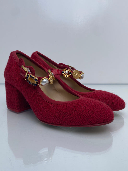 Chanel Red Tweed Precious Symbols Heels, 39