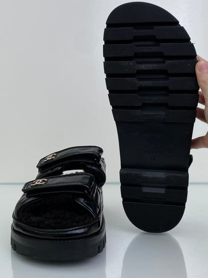 Chanel Black Patent Leather & Shearling CC Dad Sandals, 40