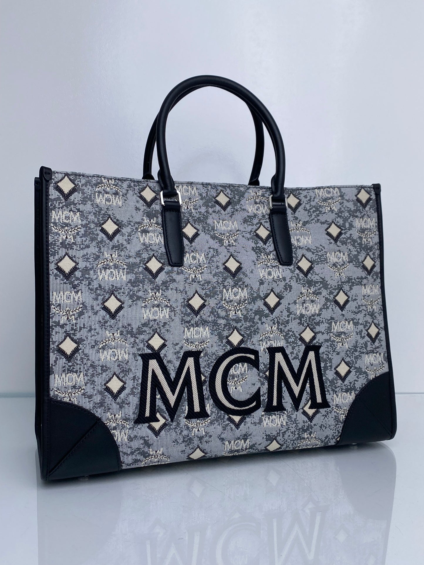 MCM Munchen Black & White Canvas Tote Bag