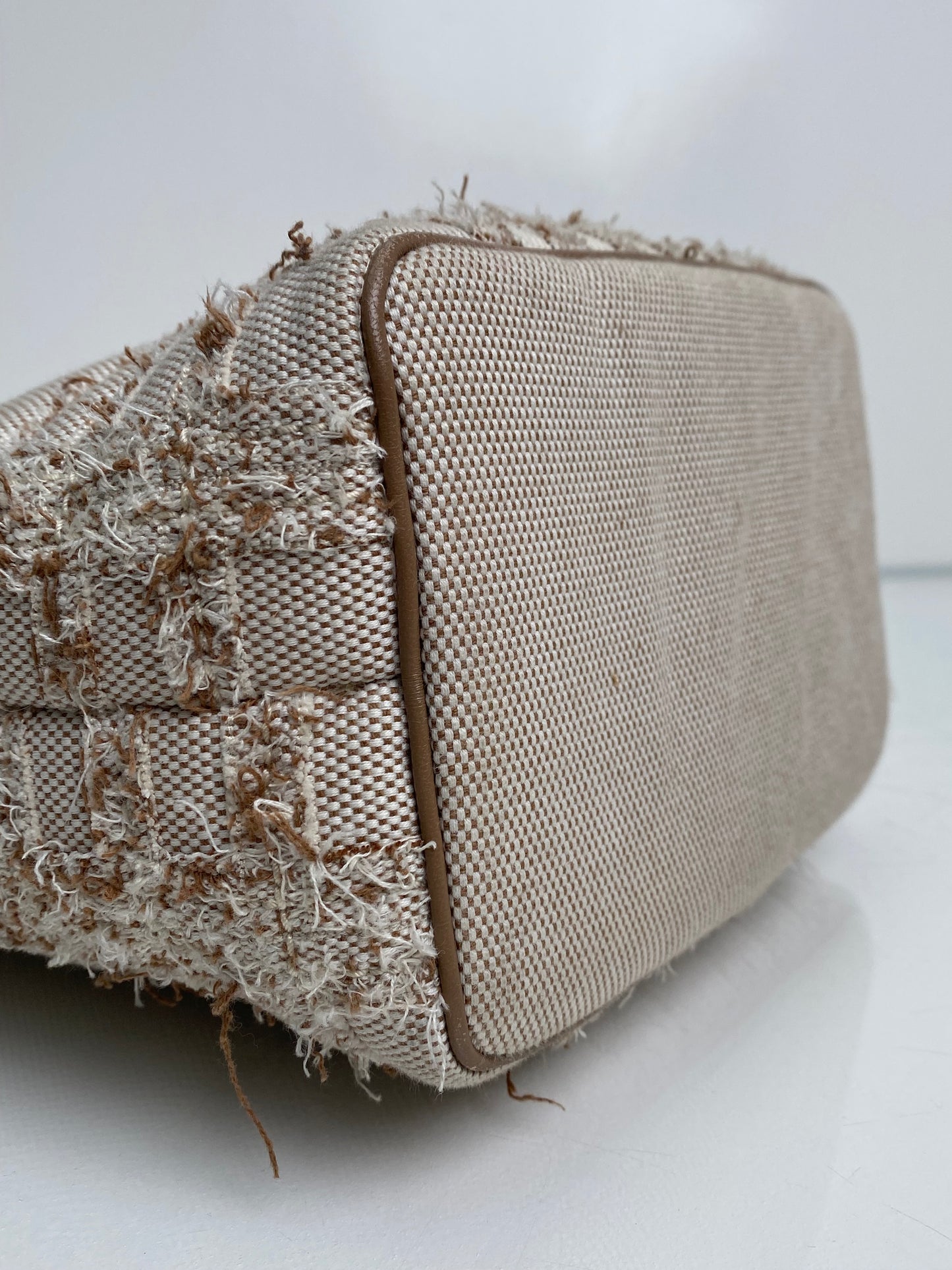 Burberry Tan & Beige Lola Needle Punch Check Canvas Small Bucket Bag GHW