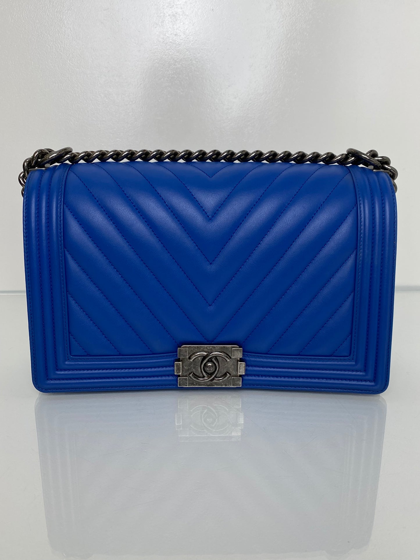 Chanel Cobalt Blue Chevron Lambskin Medium Boy Bag RHW