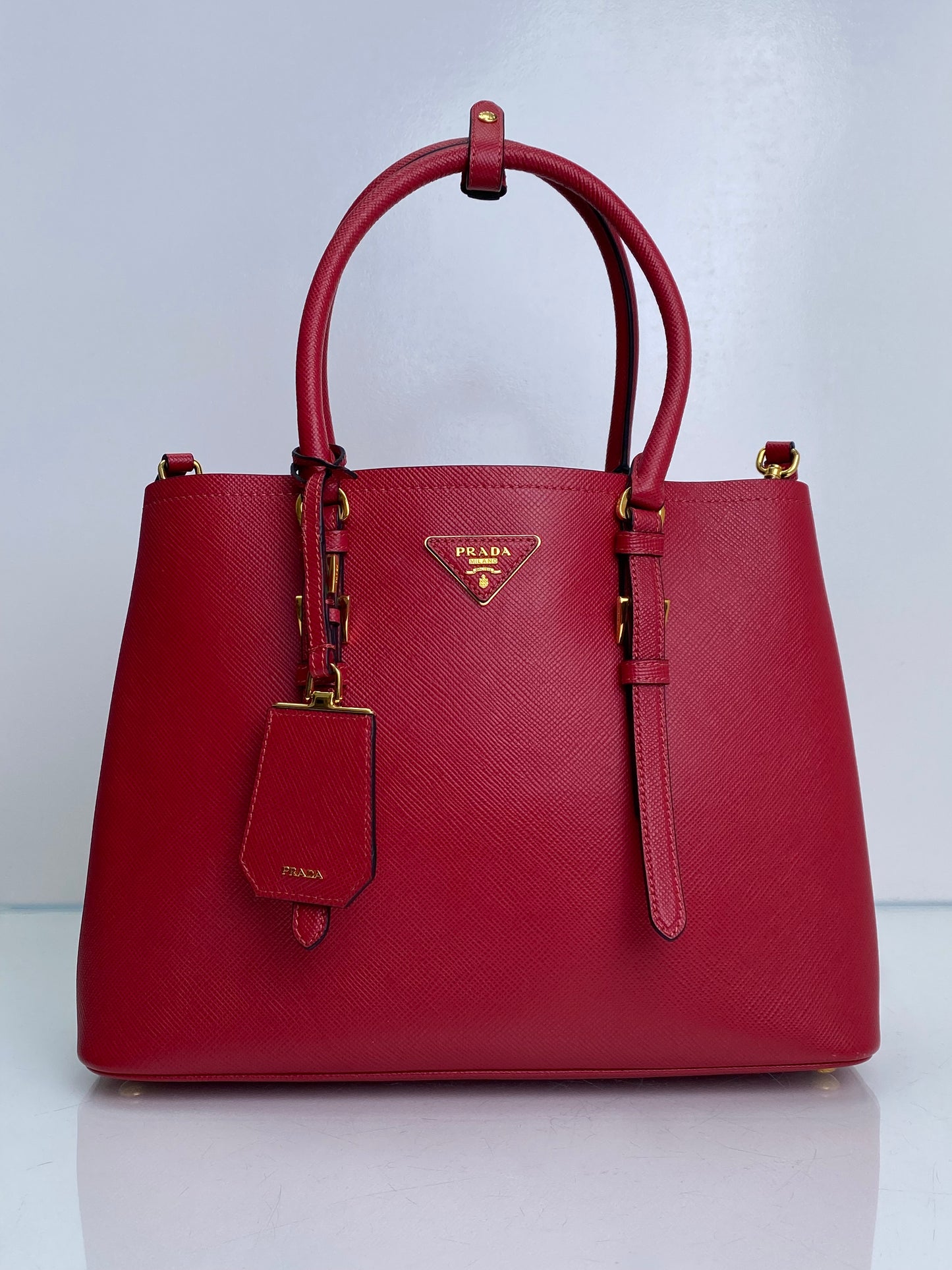 Prada Red Saffiano Cuir Double Tote Bag GHW