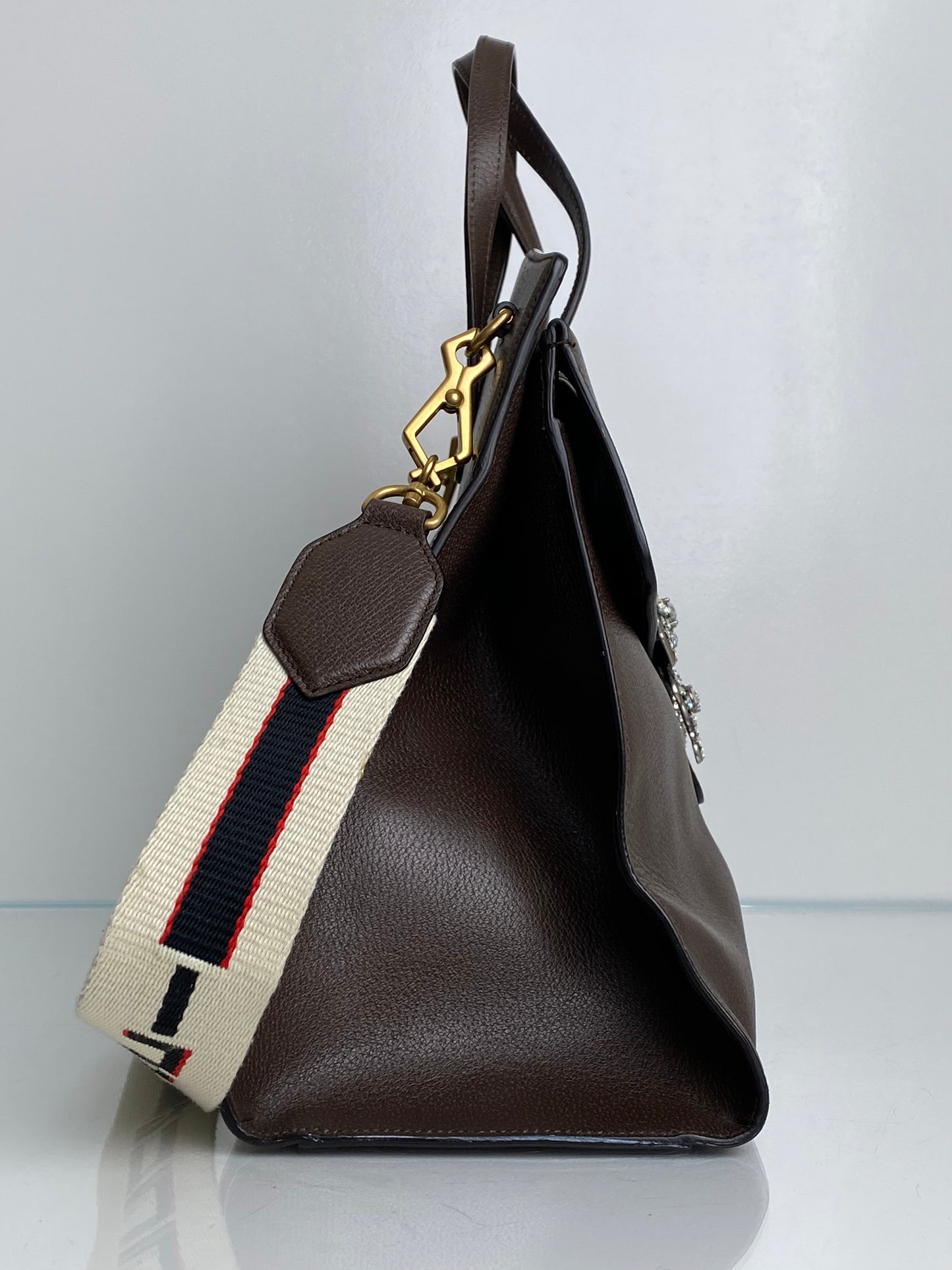 Gucci Brown Linea Totem Web Stripe Tote with Crystal Butterfly GHW