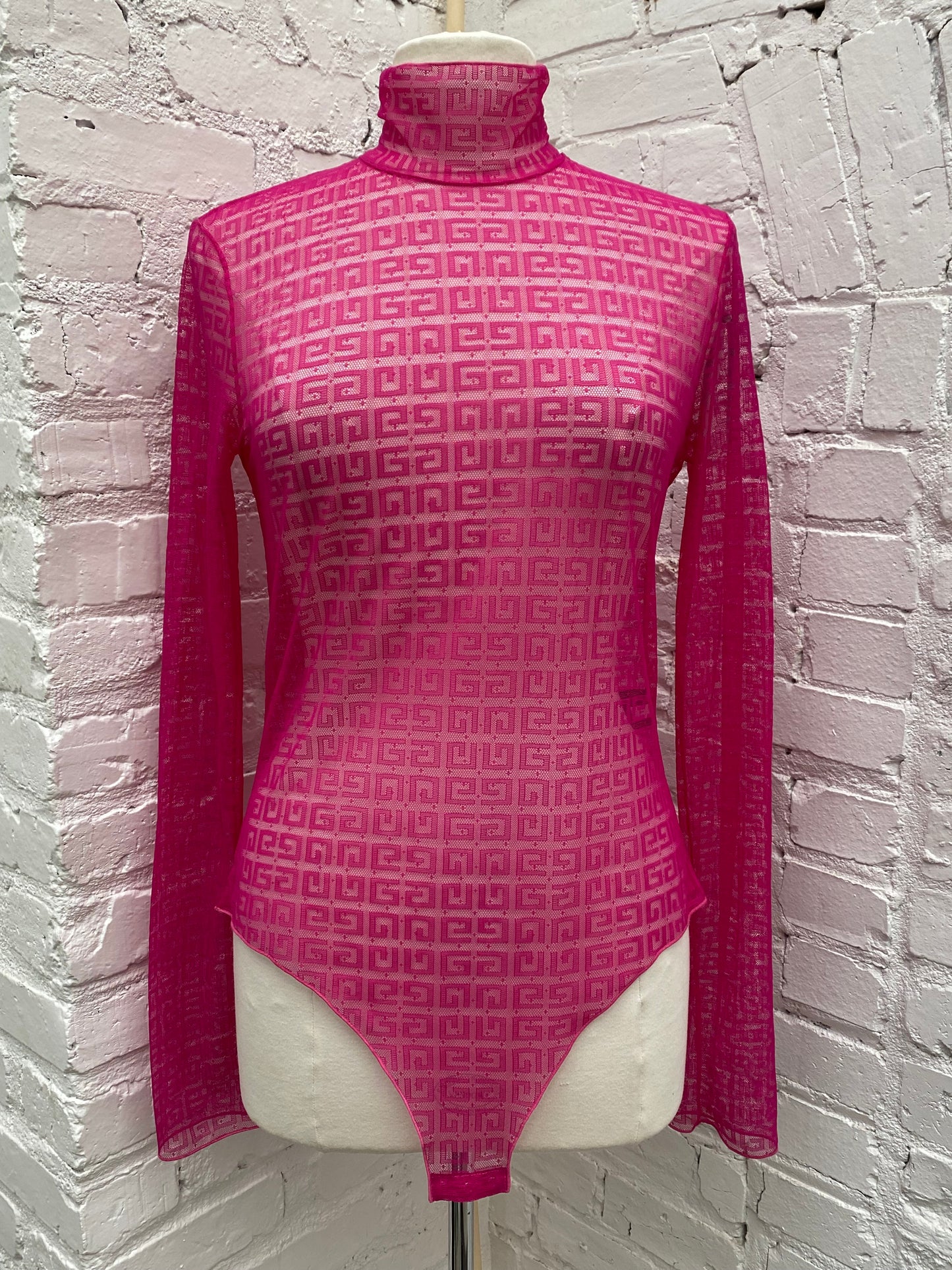 Givenchy Hot Pink Mesh Logo Body Suit, L