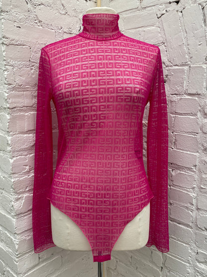 Givenchy Hot Pink Mesh Logo Body Suit, L