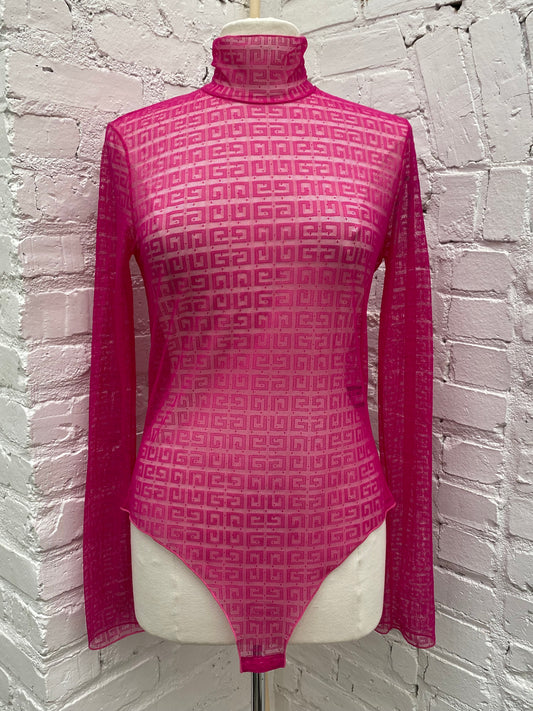 Givenchy Hot Pink Mesh Logo Body Suit, L