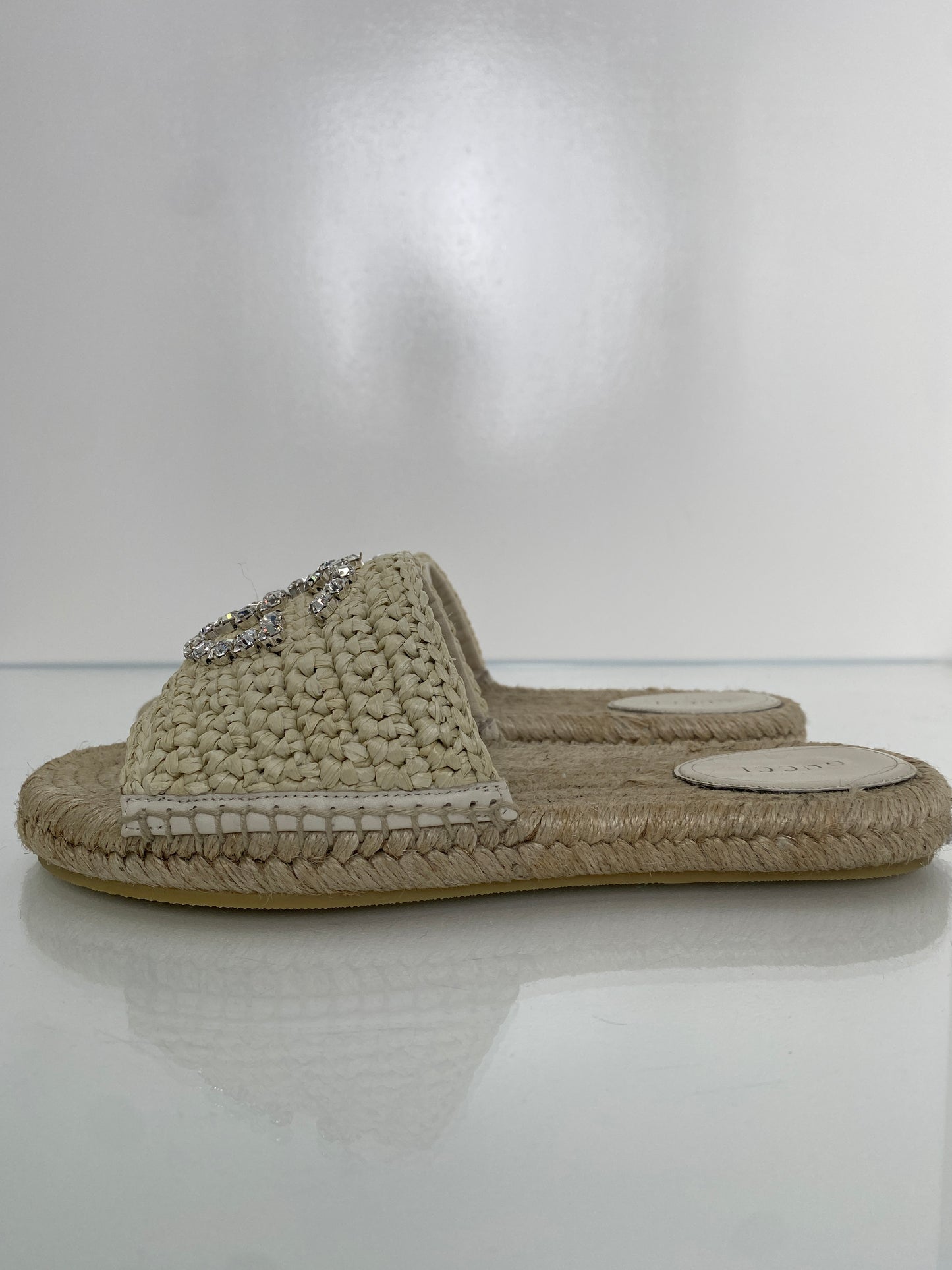 Gucci Tan & Crystal Cora Espadrille Slide Sandals, 39.5