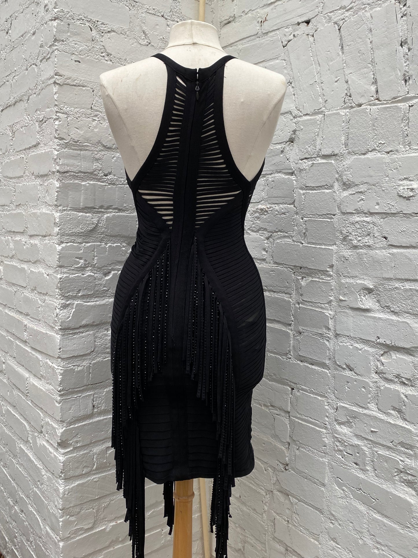 Herve Leger Black Sequin Fringe Bondage Dress, S