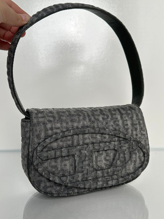 Diesel dark gray denim logo shoulder bag SHW