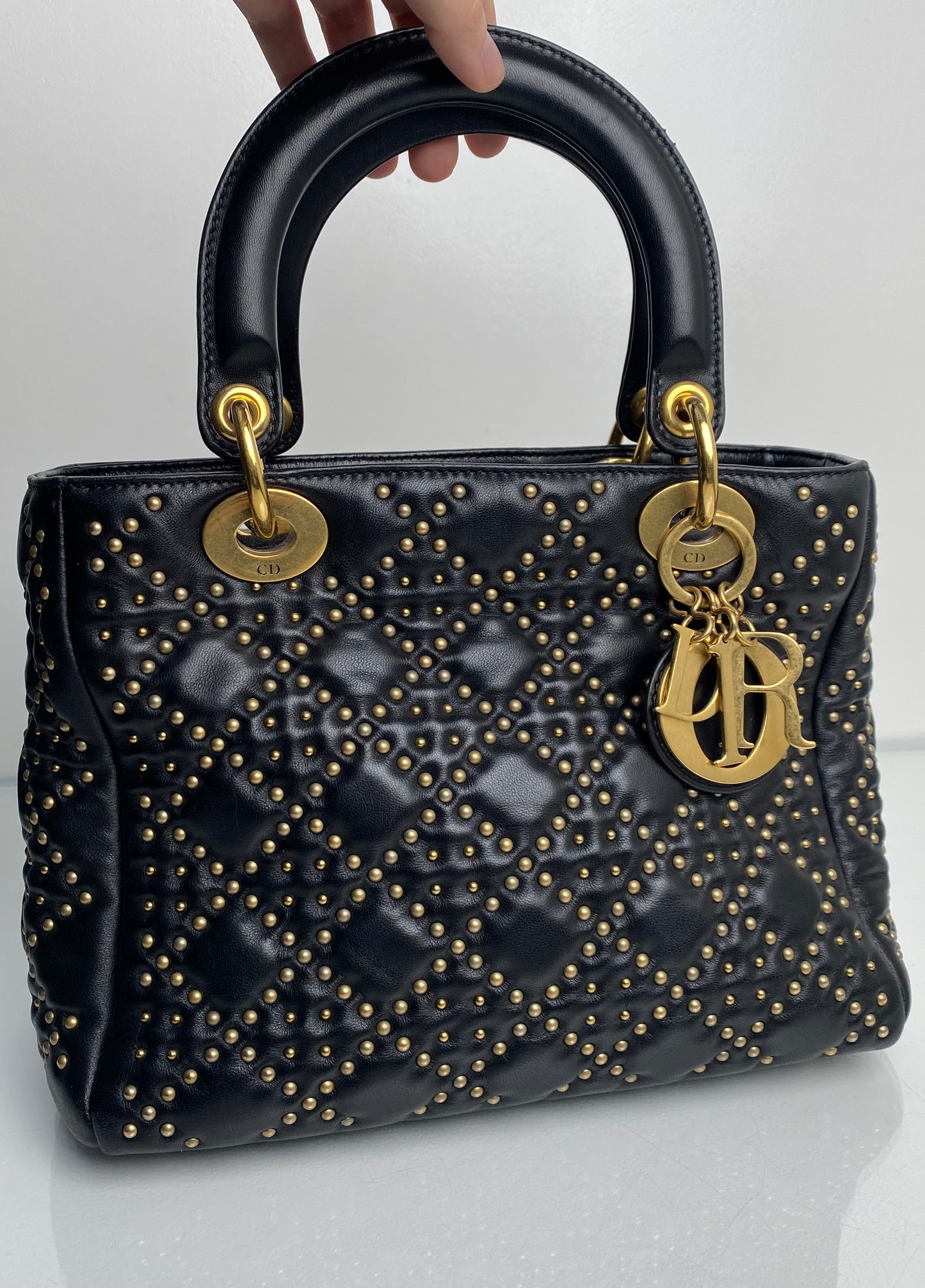 Dior Black Studded Lady Dior Medium GHW