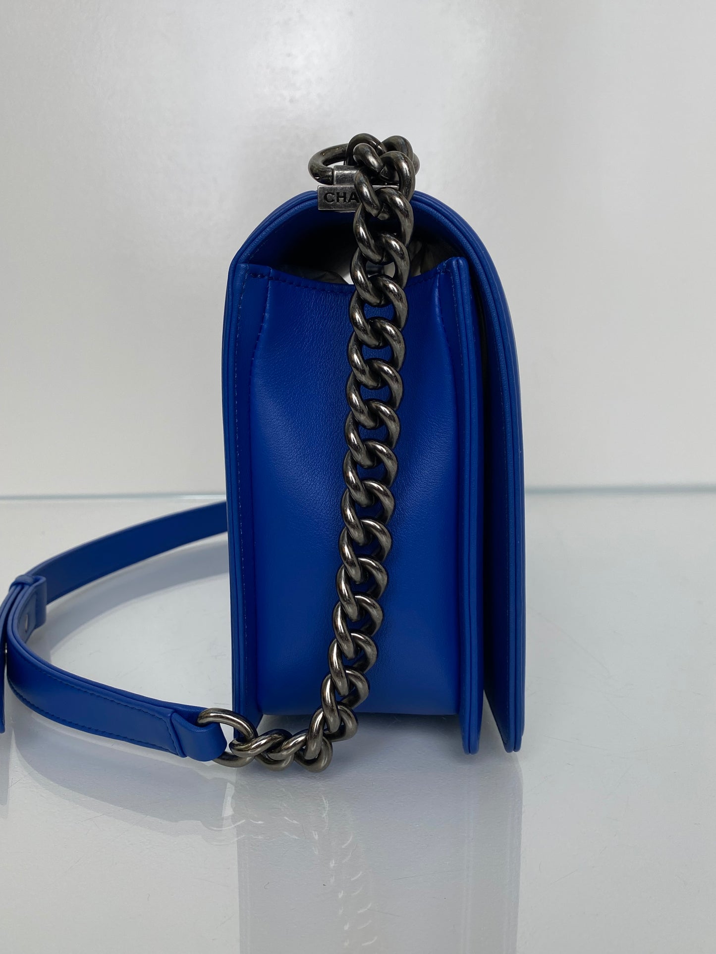 Chanel Cobalt Blue Chevron Lambskin Medium Boy Bag RHW