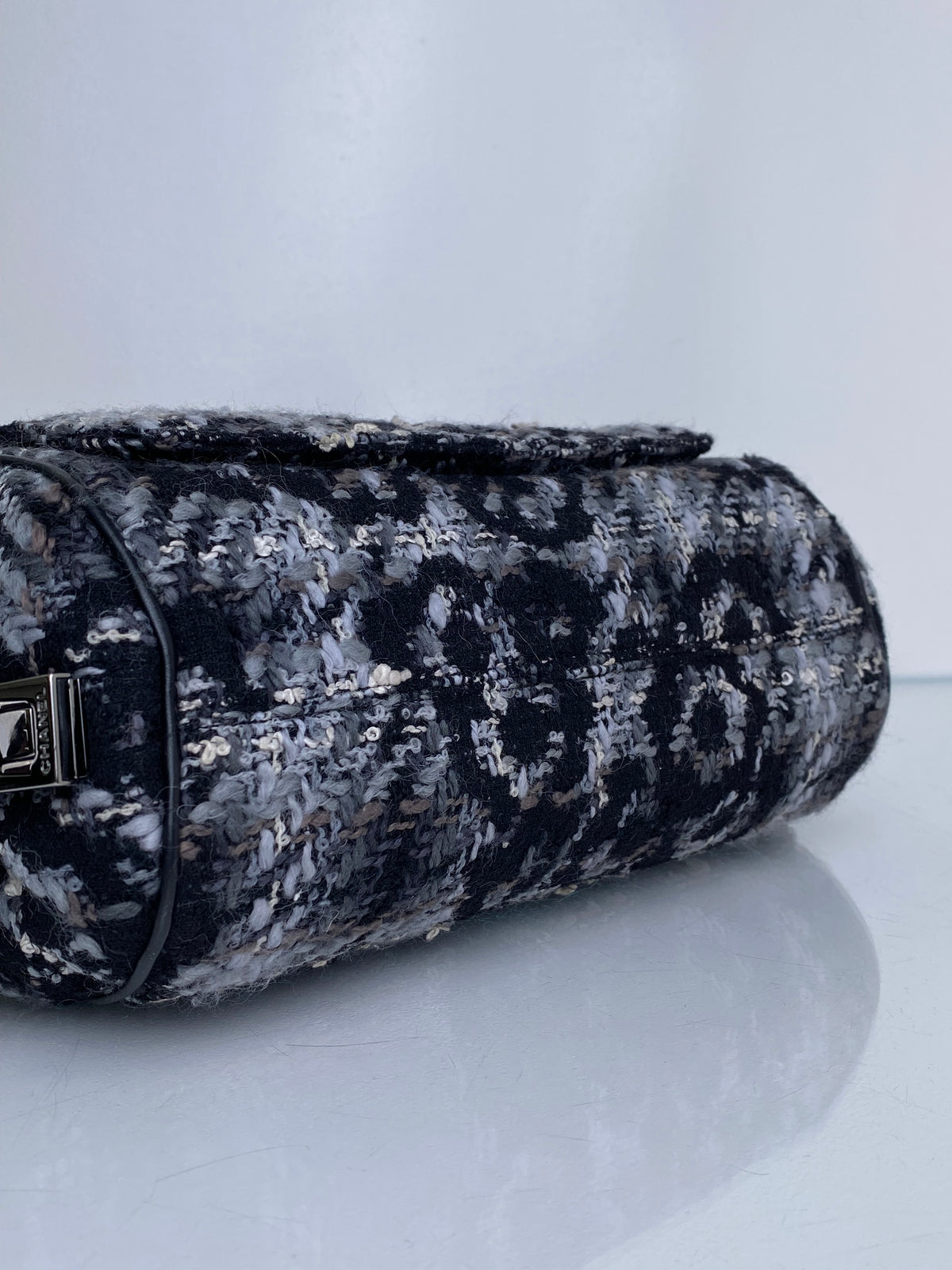 Chanel Black 2.55 Tweed Chain Bowler Bag SHW