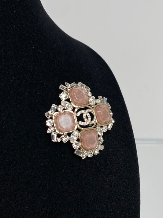 Chanel 2023 Gold Tone, Strass, & Taupe Resin CC Brooch