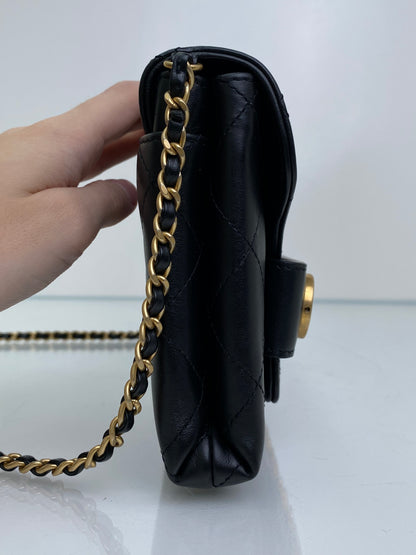 Chanel Black Logo Enchained Flap Quilted Calfskin Clutch GHW