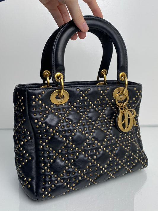Dior Black Studded Lady Dior Medium GHW