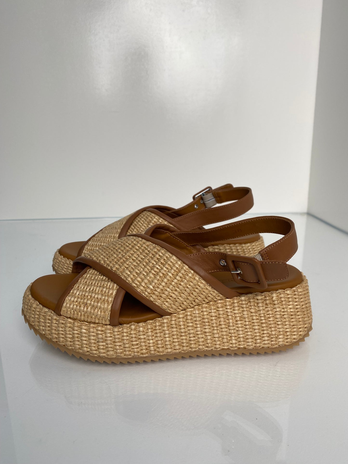 M.Gemi Raffia & Brown Leather Slides, 38