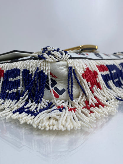 Fendi X Fila Red, White, & Blue Beaded Fringe Mania Baguette Bag GHW
