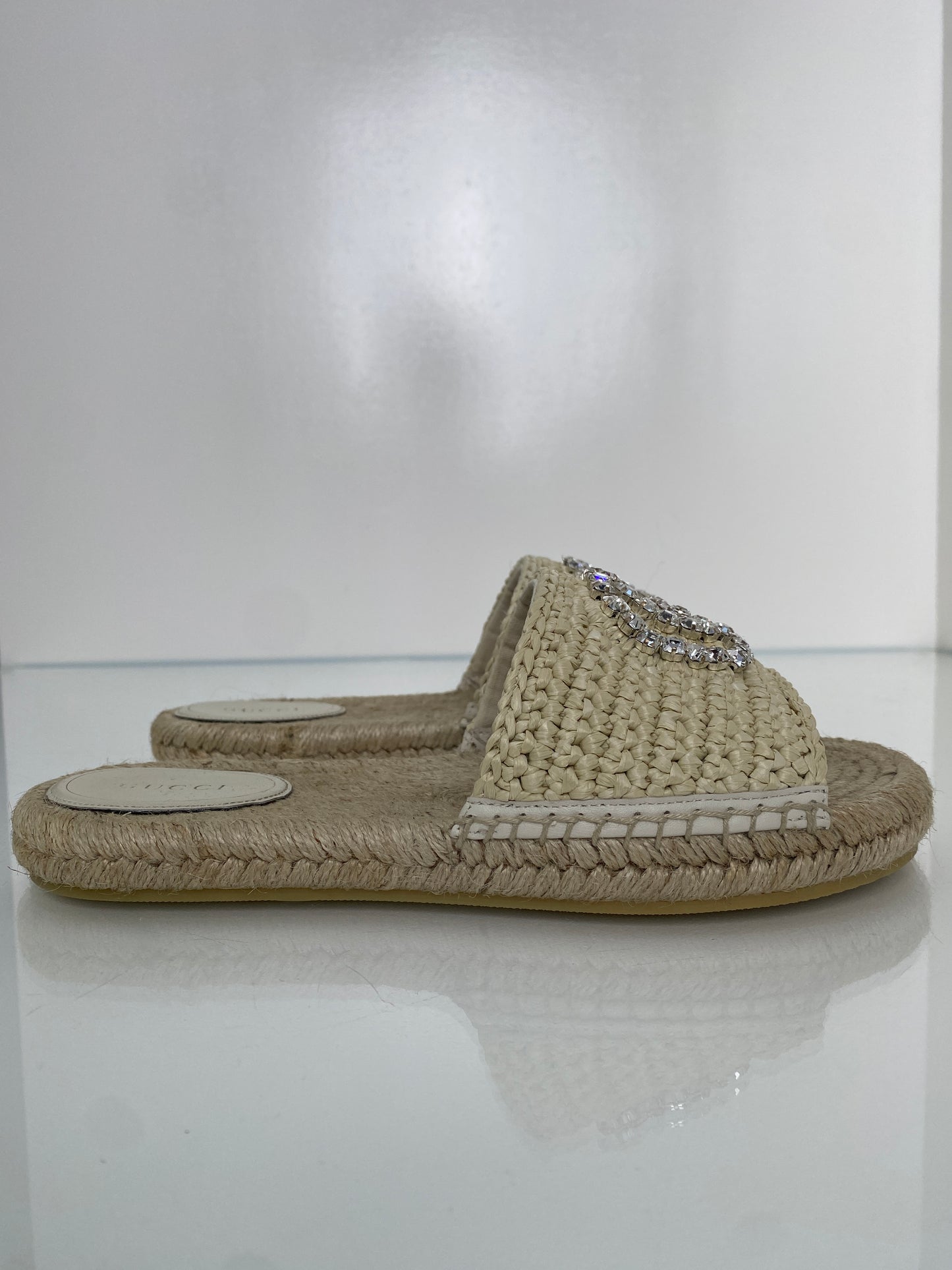 Gucci Tan & Crystal Cora Espadrille Slide Sandals, 39.5