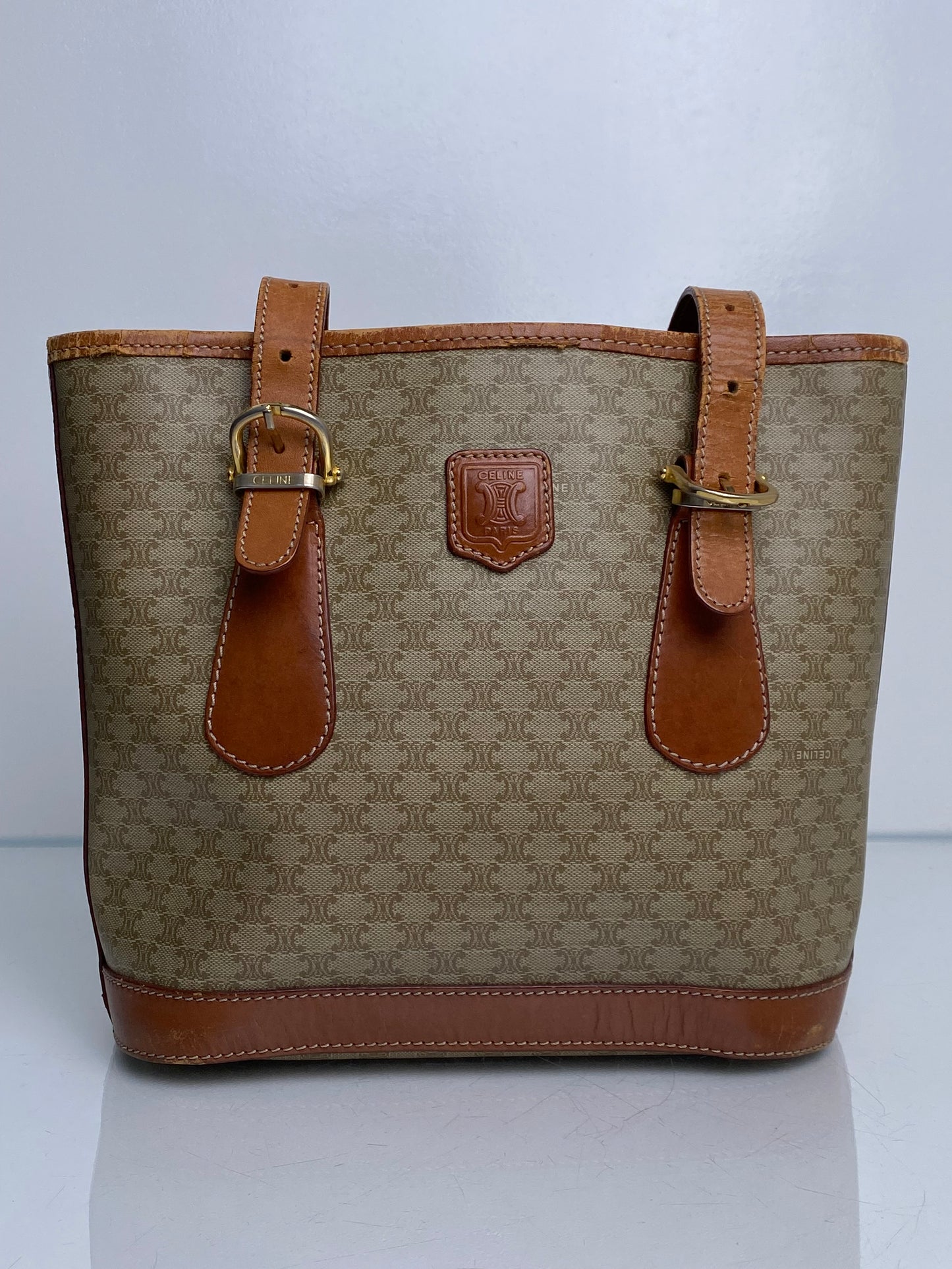 Celine Vintage Khaki Macadam Small Tote Bag GHW