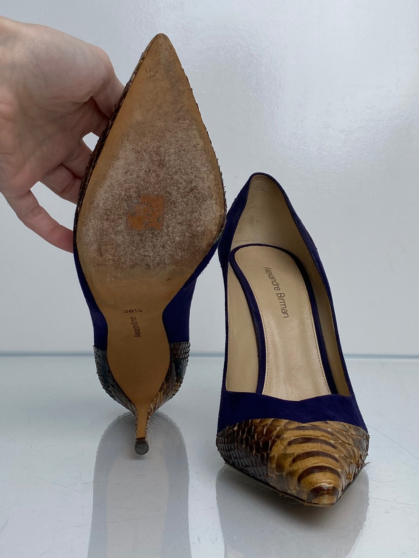 Alexandre Birman Navy  Suede & Brown Exotic Heels, 38.5