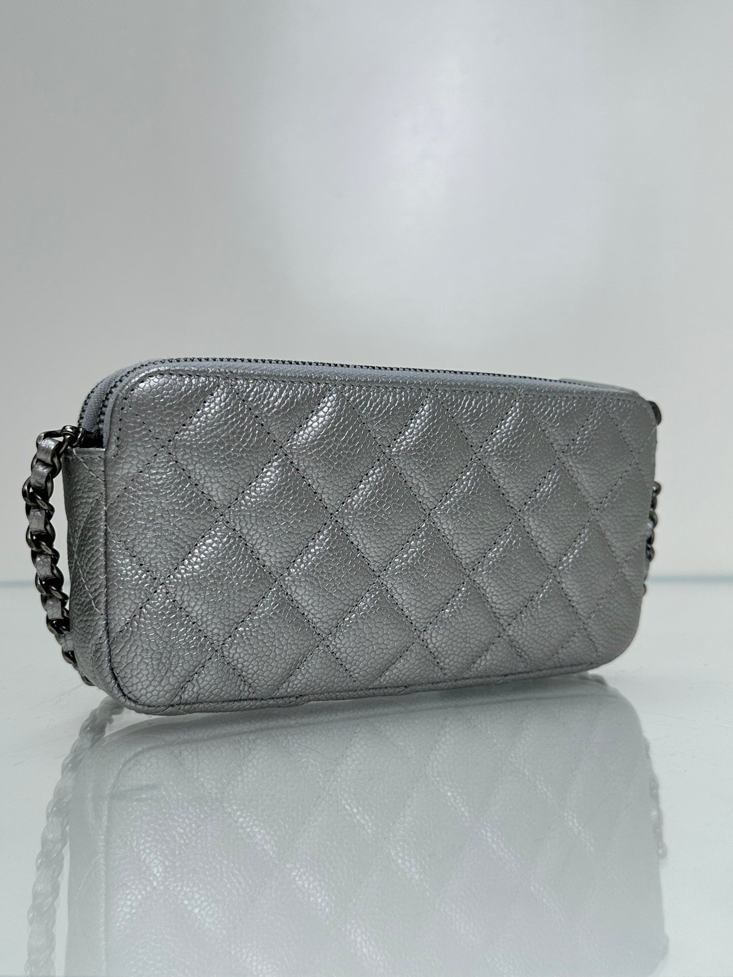 Chanel Double Zip Silver Metallic Caviar Clutch SHW #23