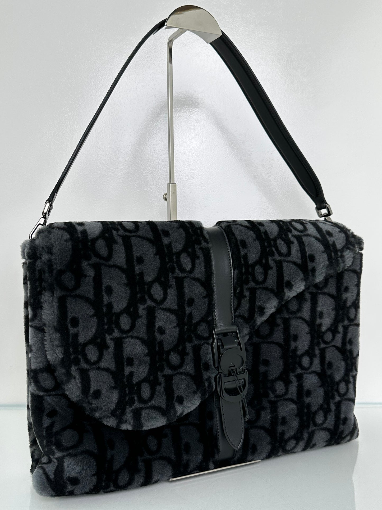 Dior Black & Dark Grey Oblique  Shearling Saddle Briefcase Bag BHW