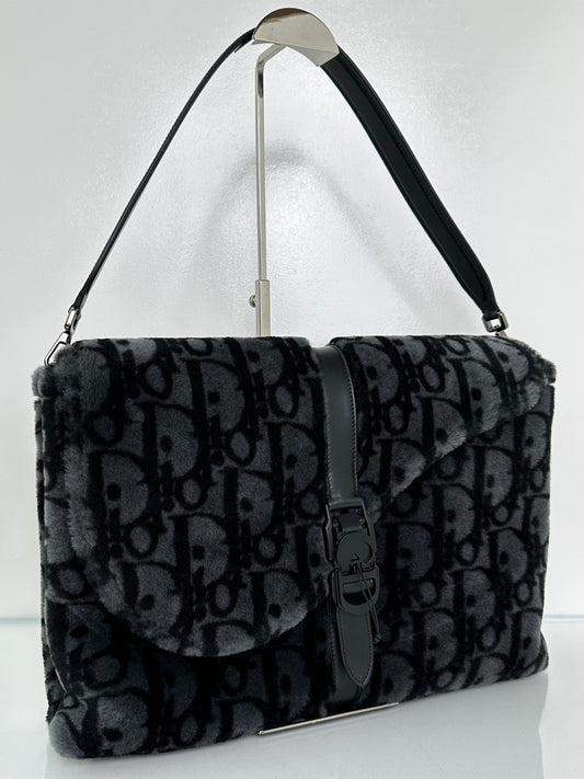 Dior Black & Dark Grey Oblique  Shearling Saddle Briefcase Bag BHW
