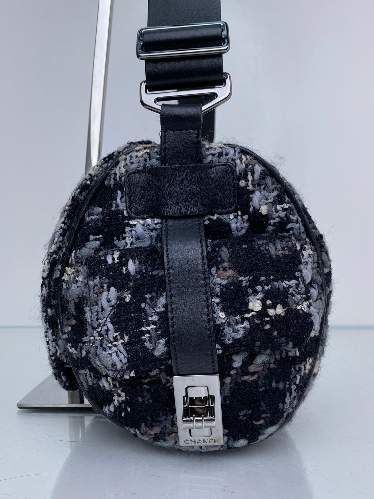 Chanel Black 2.55 Tweed Chain Bowler Bag SHW