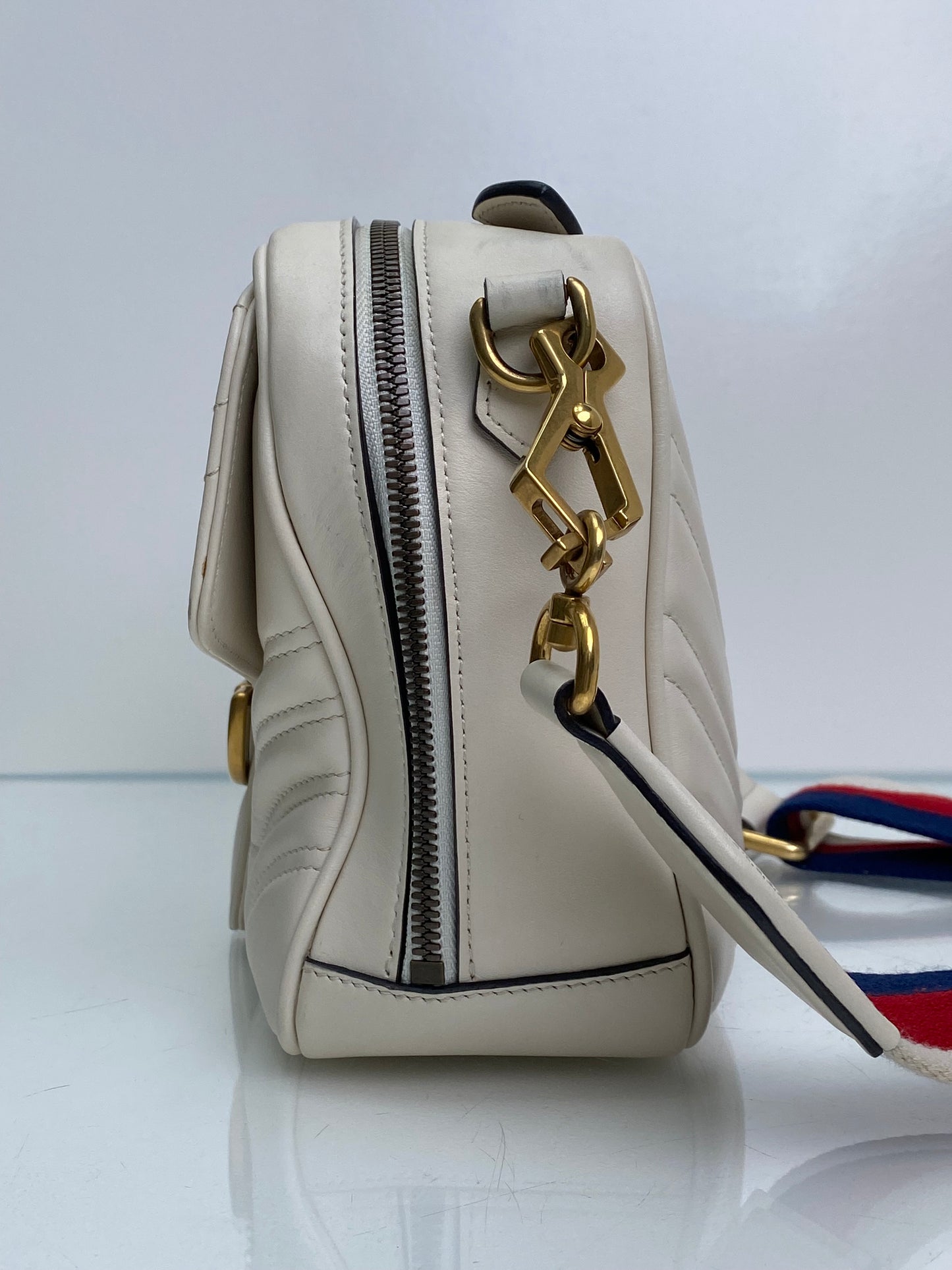 Gucci White & Web Stripe Strap Marmont Top Handle Bag GHW