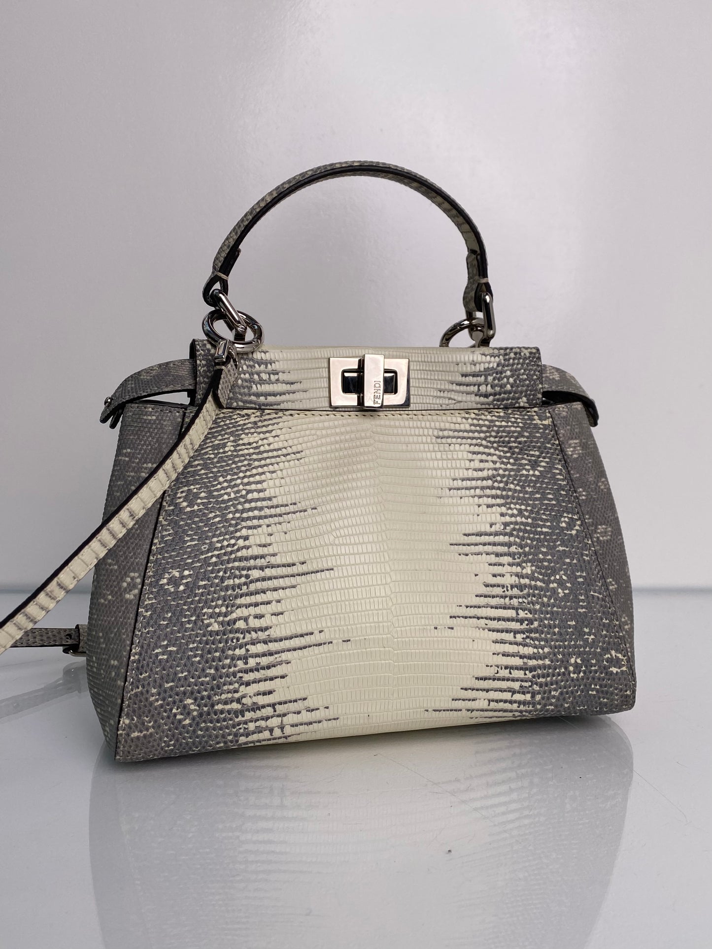 Fendi Peekaboo Mini White & Grey Lizard Leather Bag SHW