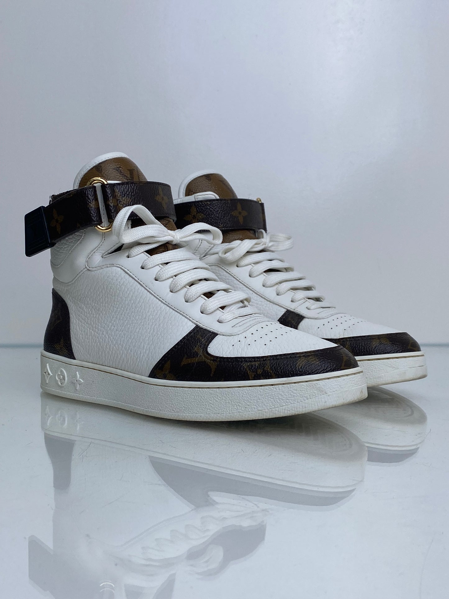 Louis Vuitton White, Monogram, & Reverse Monogram Boombox Sneakers, 38