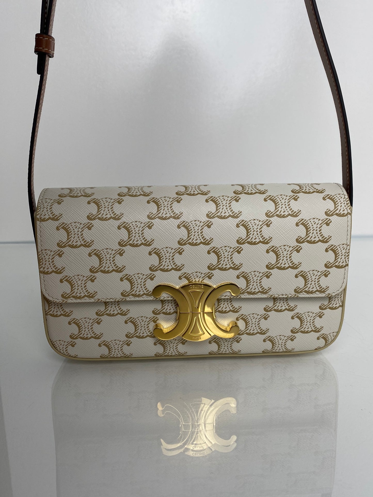Celine White & Brown Triomphe Claude Shoulder Bag GHW