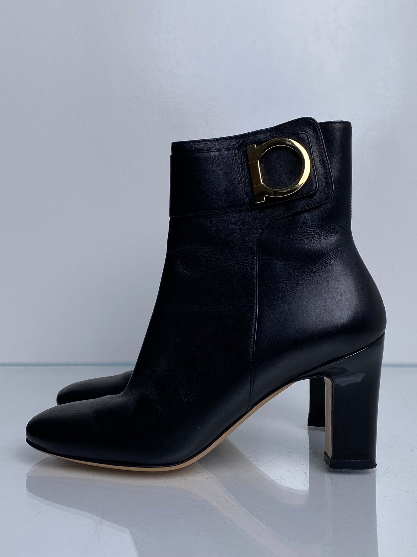 Ferragamo Black & Gold Logo Booties, 6