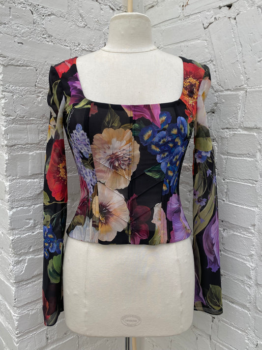 Dolce & Gabbana Black & Multicolor Floral Long Sleeve Corset Top, 40