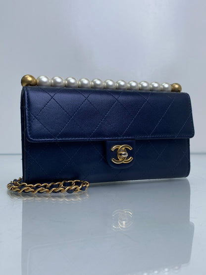 Chanel Vintage Navy Lambskin Chic Pearl Clutch GHW