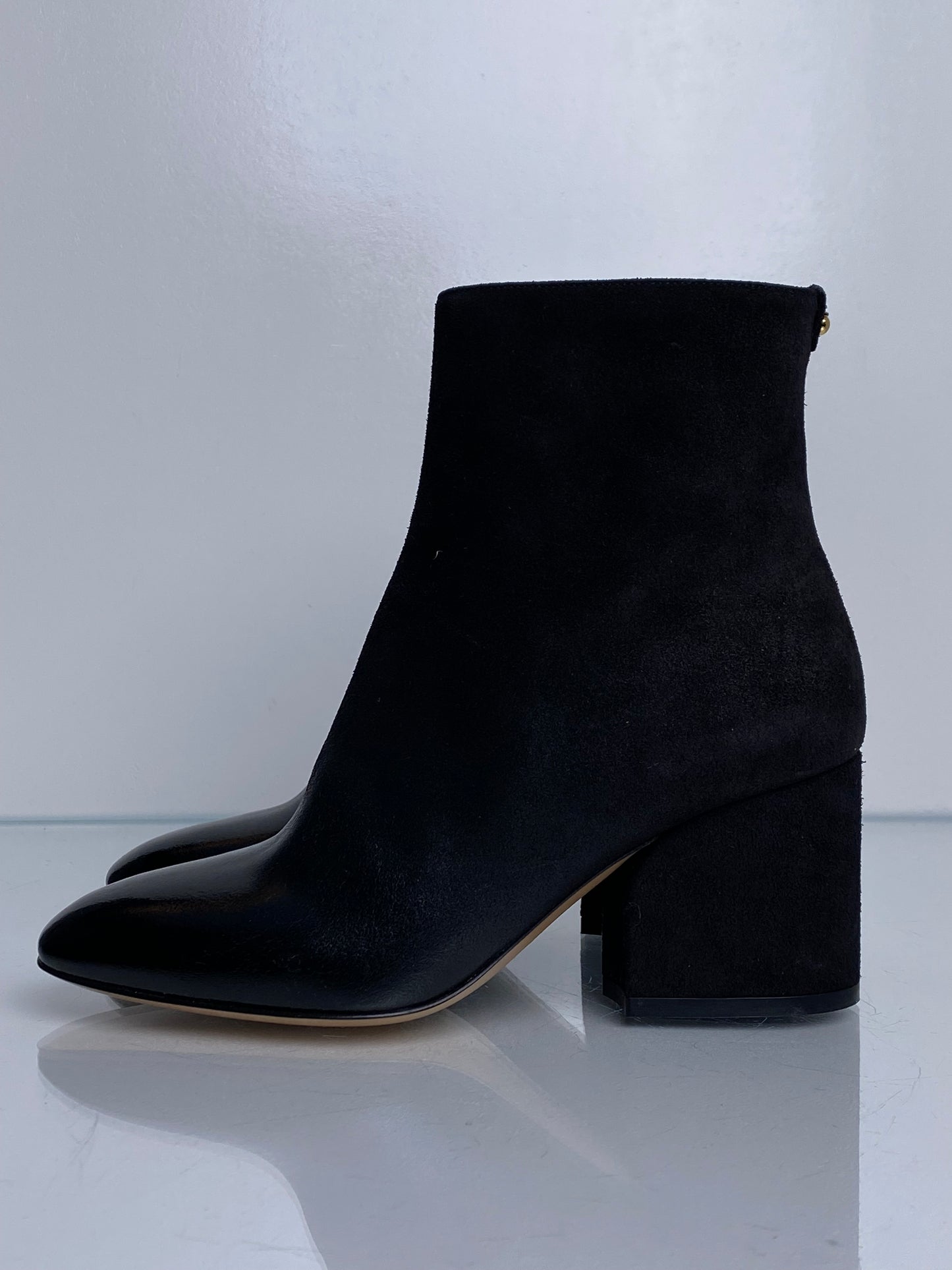 Ferragamo Black Suede To Patent Booties, 6