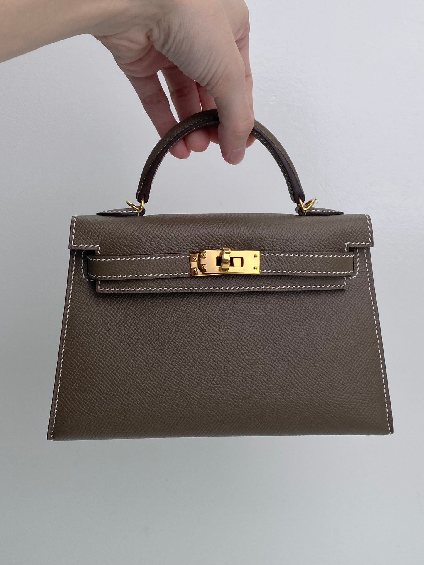 Hermes Mini Kelly Etoupe Epsom Sellier GHW #Y