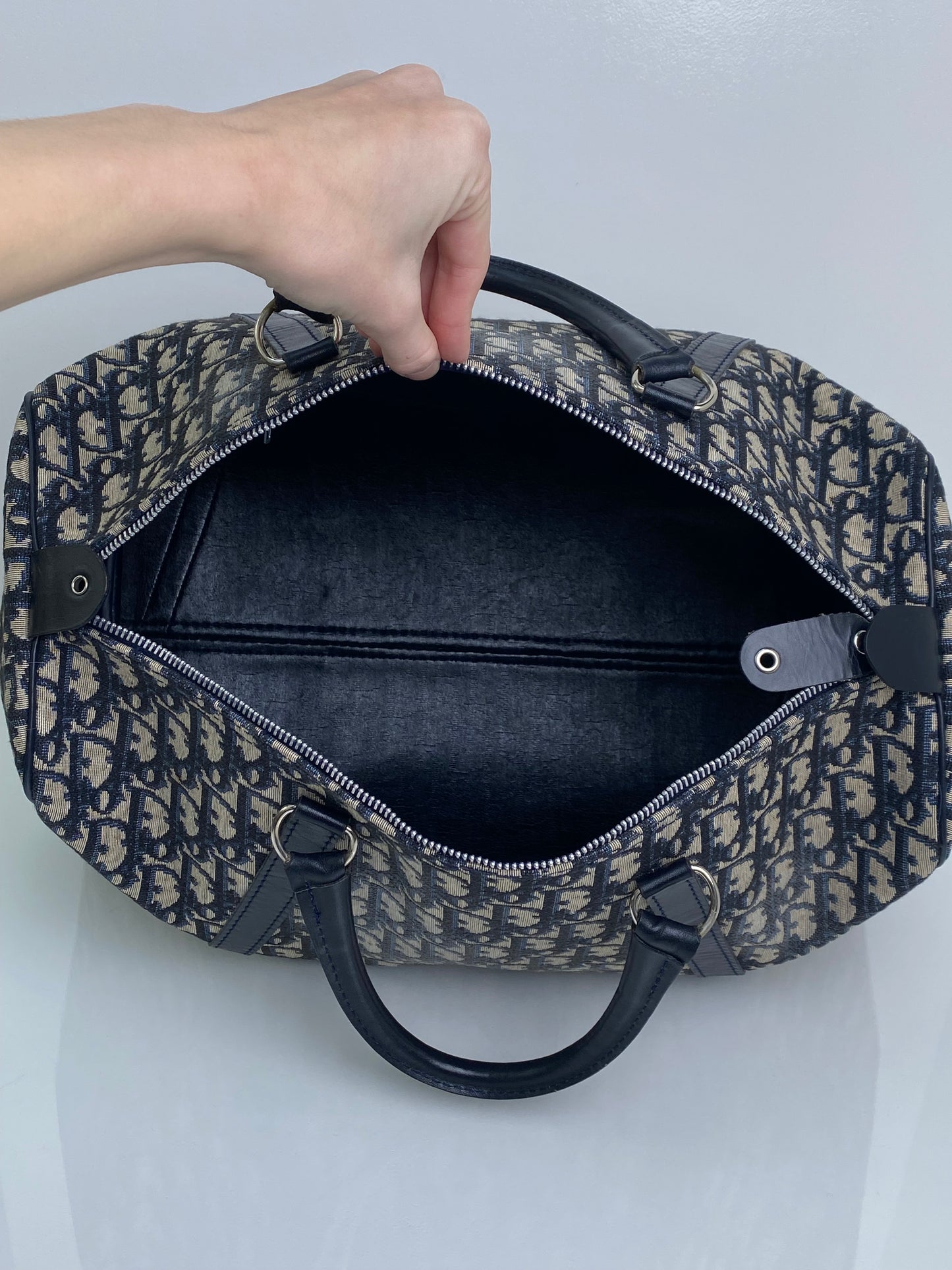 Dior Vintage Navy Oblique Boston Bag SHW