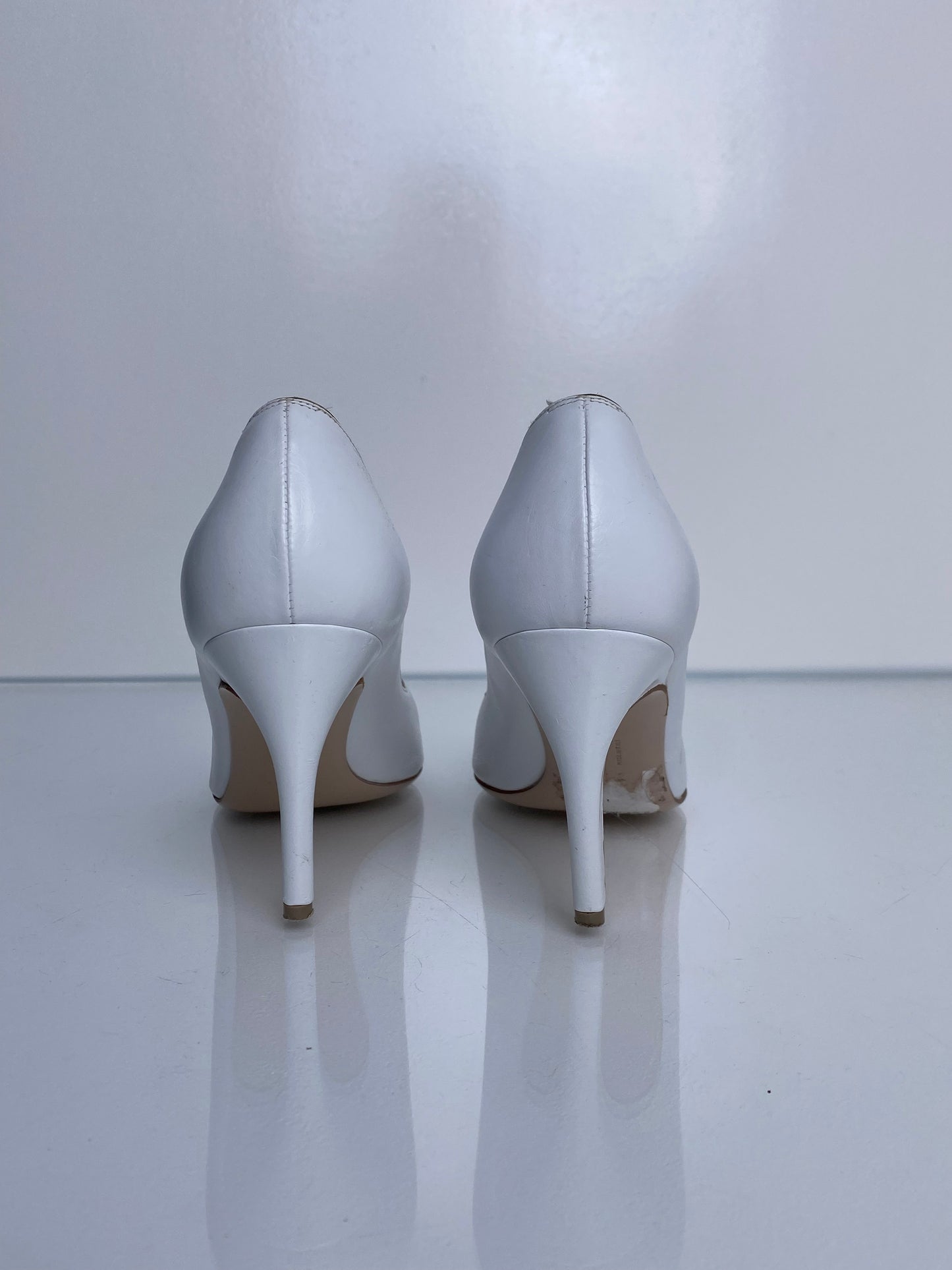 Salvatore Ferragamo White Leather Peep Toe Heels, 7.5