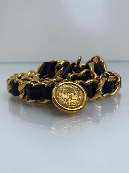 Chanel Black Leather & Gold Toned Chain Belt 2009