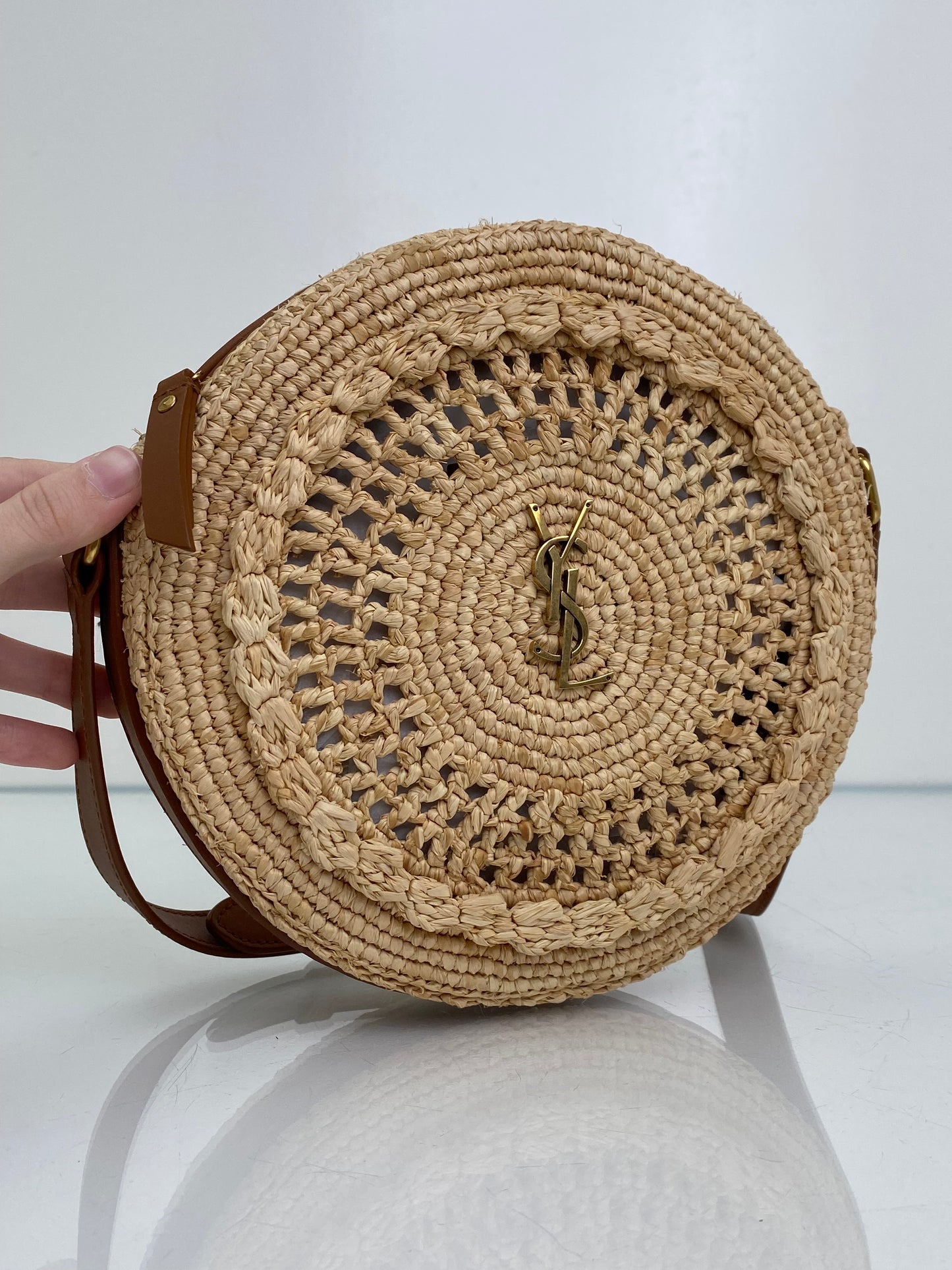 Saint Laurent Tan Raffia Logo Circular Bag GHW