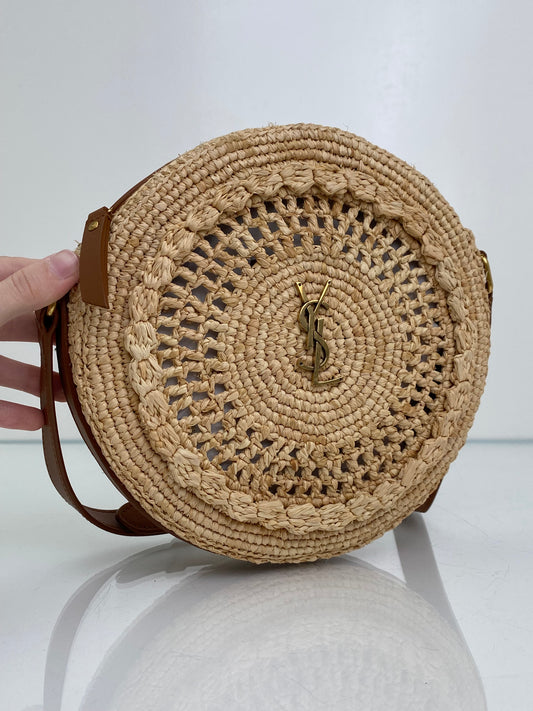 Saint Laurent Tan Raffia Logo Circular Bag GHW